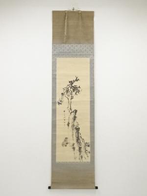 甲斐虎山筆　枯木菊石図　肉筆絹本掛軸（共箱）